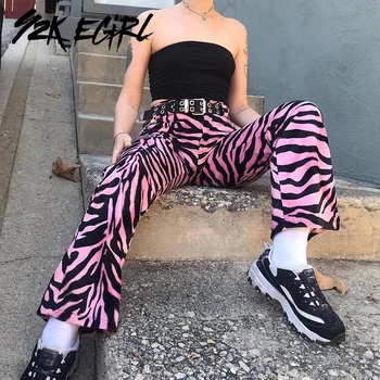 Y2K EGIRL Pastelinių Goth Zebra Spausdinimo Rožinės Kelnės Punk Estetika, Vidutinio Juosmens, Palaidi Tiesios Kelnės 90s Streetwear Rudenį Kelnės