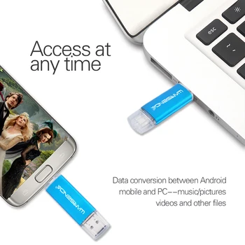WANSENDA D101 USB 3.0 OTG Usb Flash Drive 32GB 64GB 128GB 256 GB Išorės Saugojimo Pen Ratai 2 in 1 Pendrive, skirta 