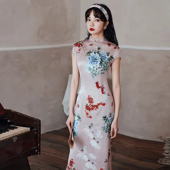 Plius Dydis 4XL 5XL Rožinė Moterų Elegantiškas Suknelės Kinijos Cheongsam Ilgos Satino Suknelė Moterims Kasdien Suknelės Gėlių Kinijos Suknelės Qipao