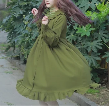 Japonijos Mori Mergina Žiedlapis Rankovėmis Mygtuką Suknelė Rodyti-Line Pynimas Suknelė saldus žalia rausva, raudona Chaki derliaus merginos prarasti suknelė