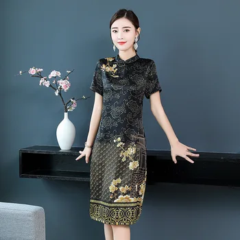 Kinų Stiliaus Gėlių Nacionalinių Printed Dress Stovėti Apykaklės, Elegantiškas Cheongsam Trumpomis Rankovėmis Slim Fit Vasaros Suknelės Dirbtiniais Šilko Skraiste