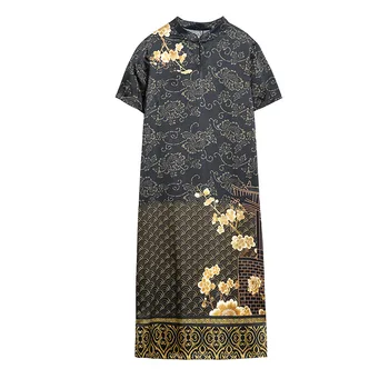 Kinų Stiliaus Gėlių Nacionalinių Printed Dress Stovėti Apykaklės, Elegantiškas Cheongsam Trumpomis Rankovėmis Slim Fit Vasaros Suknelės Dirbtiniais Šilko Skraiste