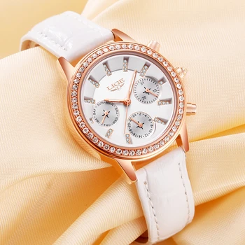LIGE Mados Prekės ženklo Mergina Diamond Dial Moterų Laikrodžiai, Prabangūs Auksiniai Odos Ponios Žiūrėti Moterų Suknelė Laikrodis Kalendorius relogio feminin