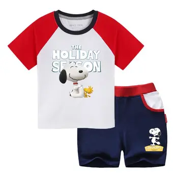 Snoopy vasarą cartoon kvėpuojantis medvilnės vaikų berniukų mados trumparankoviai marškinėliai + atsitiktinis trumpas kelnes, kostiumas rinkinys