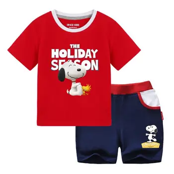 Snoopy vasarą cartoon kvėpuojantis medvilnės vaikų berniukų mados trumparankoviai marškinėliai + atsitiktinis trumpas kelnes, kostiumas rinkinys