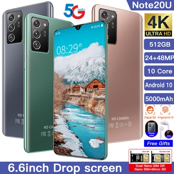Pasaulinė Versija Galay Note20U Android 10.0 Snapdragon 865 Mobile Phone 4G 5G GPS 12 GB 512 GB 6.9 Colių 5000mAh mobilusis Telefonas