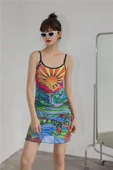 Seksualus Saulės Kalnai Spalvinga Akių Slydimo Suknelė Moterims Backless Bodycon Atostogų Suknelė Vintage Spageti Dirželis Mini Suknelės 2020 M.