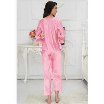 Naujas Šilko Pižama Moterims, Satino Womens Pižama Rinkiniai ilgomis Rankovėmis V-kaklo, Nėriniai Viršuje+Kelnės Ponios Pyjama Femme Homewear