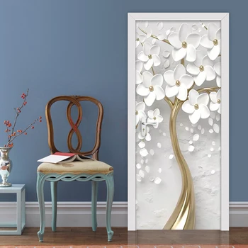 PVC lipnios 3D Durų Lipdukas Baltos Gėlės Medis Sienų Apmušalai atsparus Vandeniui Kambarį Miegamojo Durų Lipdukai Namų Dekoro 3D