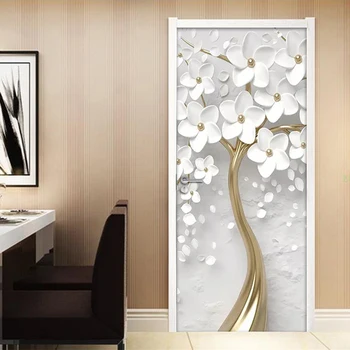 PVC lipnios 3D Durų Lipdukas Baltos Gėlės Medis Sienų Apmušalai atsparus Vandeniui Kambarį Miegamojo Durų Lipdukai Namų Dekoro 3D