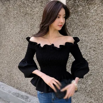 Nauja Siunta Rudenį Moterų Viršūnių Korėjos Stiliaus Seksualus Mados Vientisos Spalvos Aikštėje Ruffles Pečių Dizaino Blyksnius Rankovės Viršuje T-Shirt