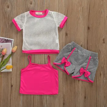 Bamblys Baby Girl 1T-6T Drabužius Vasarą vientisos Spalvos Diržas Liemenės Viršūnes Net T-Shirt Trumpas Kelnes 3Pcs Komplektus Drabužių Summer Set