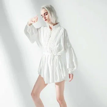 [EAM]2021 Nauja Pavasario Vasaros Stovėti Apykaklės Ilgai Žibintų Rankovės Baltos Prarasti Sagtis didelio Dydžio Tvarstis Marškinėliai Suknelė Moterų Mados JO370