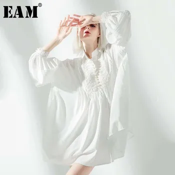 [EAM]2021 Nauja Pavasario Vasaros Stovėti Apykaklės Ilgai Žibintų Rankovės Baltos Prarasti Sagtis didelio Dydžio Tvarstis Marškinėliai Suknelė Moterų Mados JO370