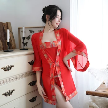 Kinų stiliaus seksualus siuvinėjimo sleepwear nustatyti Vestuvių ilgas mantijas Kimono jungiamąją Prijuostė Moterų apatinis Trikotažas Perspektyvos Pižamą 3Pce Rinkinys