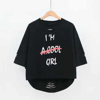 Negabaritinių Marškinėliai Streetwear Neveikiančių Skylę Vasaros Top Moterų Korėjos Drabužių Ponios Pusė Rankovės Atsitiktinis