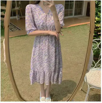 2020 Metų Vasaros Ilgą Šifono Suknelės Moterims Trumpomis Rankovėmis, Plonas Juosmens Gėlių Atspausdintas Violetinės Flhjlwoc Temperamentas Korėjos Suknelė 4515