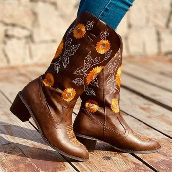 Vintage Design Vidurio blauzdos Moterų Batai, Rankų darbo Siuvinėti Gėlių Saulėgrąžų Odos Siuvimo Aikštėje Kulno Atsitiktinis Šviesą Ponios Batai