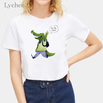 Ličiai Harajuku Animacinių filmų Aligatorius Spausdinti Moterų Marškinėliai Tee Atsitiktinis Įgulos Kaklo Moterų marškinėliai Tees trumpomis Rankovėmis Vasarą Lady Viršūnės