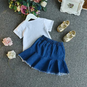 2019 atsitiktinis mergaičių drabužių rinkiniai vaikų gėlių trumpomis rankovėmis viršūnes + Džinsinis spausdinti sijonas 2 vnt tiktų vaikams drabužių