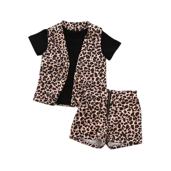 Bamblys Vaikams Baby Girl Leopard Drabužių Rinkiniai Vasaros Vest Liemenė+trumpomis Rankovėmis Viršūnes T-Shirt+Užtrauktukas, Šortai, Kelnės, Komplektai, 3PCS