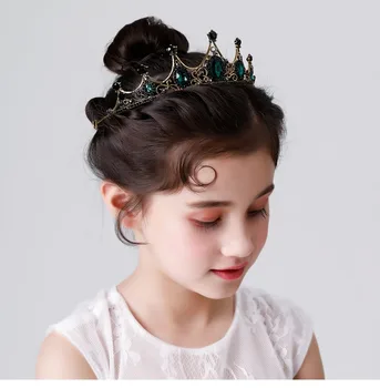 Prabanga Moterų Plaukų Papuošalai vaikams Rožančiai Derliaus Mažosios Baroko Green Crystal Crown Vestuvių Tiara Gėlė Mergina Apdangalai, Headpieces