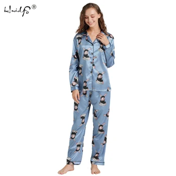 Visi Sezonai ilgomis Rankovėmis Šilko Pižama Kostiumas Moterims Lounge Pajama Komplektai Šilko Satino Pijama Sleepwear Pižamos Didžiausias Kūno 5XL