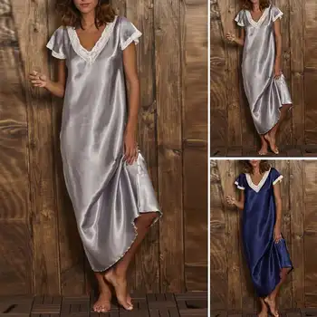 Moterų Nėriniai Homewear Rinkiniai 2021 M. Vasaros Atsitiktinis V-Kaklo, apatinio Trikotažo Mados Midi Sleepwear Moterų Kietas Spliced Nightgowns Negabaritinius