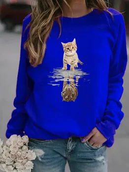 Mielas Katė Gyvūnų Spausdinti Atsitiktinis Rudenį T-shirts Moteris, O-kaklo, ilgomis Rankovėmis Laisvas Megztinis Viršūnes Mados Ponios Gatvės Žiemos Drabužių