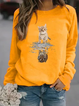 Mielas Katė Gyvūnų Spausdinti Atsitiktinis Rudenį T-shirts Moteris, O-kaklo, ilgomis Rankovėmis Laisvas Megztinis Viršūnes Mados Ponios Gatvės Žiemos Drabužių