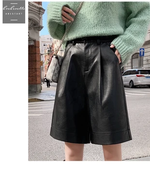Europos Stiliaus Rudens Žiemos Dirbtiniais Odos Trumpas, Platus Kojos Midi Ilgio Kelnės PU Dviratininkas Šortai Streetwear ropa de mujer Plius Dydis