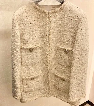 Aukštos kokybės 2020 m. rudens žiemos moterys dizaineris tvido paltai lurex sagos, kišenės, vilnos, tvido paltai striukės y734