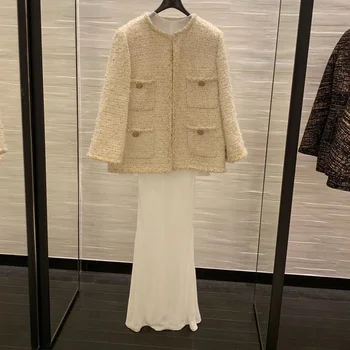 Aukštos kokybės 2020 m. rudens žiemos moterys dizaineris tvido paltai lurex sagos, kišenės, vilnos, tvido paltai striukės y734