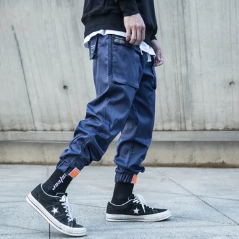 Multi-pocket Haremo Kelnės Vyrams Streetwear Punk Krovinių Ziajać Hip-Hop Atsitiktinis Kelnės Poilsiu Patinas Juodas) Blue (mėlynas Kelnes