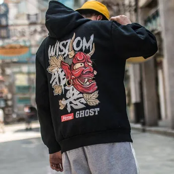 Japonų, Kinų Stiliaus Hoodies Streetwear Gobtuvu Palaidinukė Hip-Hop Blogio Velnias Spausdinti Hoodie Streetwear Vyrų Rudens Viršūnes Vyras