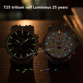 Prabangos prekės Tričio T25 šviesos karinės žiūrėti vyrų mėnulio fazių automatinis mechaninis laikrodis visiškai plieno, atsparus vandeniui laikrodis uhren montre