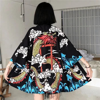 Yukata Haori Mados Anime Dragon Spausdinti Japonų Kimono Megztinis Vasaros Moterų Diržas Kostiumas Drabužių Juoda Striukė, Marškinėliai Cosplay