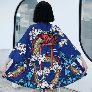 Yukata Haori Mados Anime Dragon Spausdinti Japonų Kimono Megztinis Vasaros Moterų Diržas Kostiumas Drabužių Juoda Striukė, Marškinėliai Cosplay