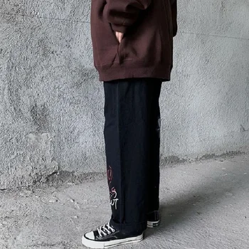 QWEEK Hipių Japonijos Streetwear Tiesios Kelnės Moterims Harajuku Tamsiai Laiškas Spausdinti Atsitiktinis Laisvas Kelnes korėjos Mados Kelnės