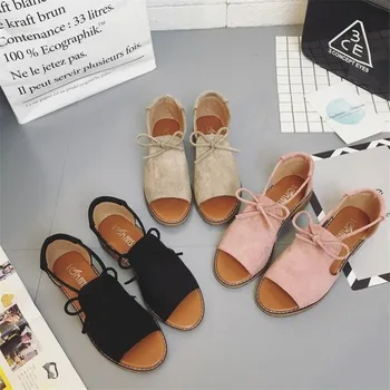 Peep Toe Aikštėje aukštakulniai sandalai moterims 2019 naujas vasaros bateliai moterims Romos Paprastas Studentas butas Suede Groži Atidaryti tne Bloko Kulno batų