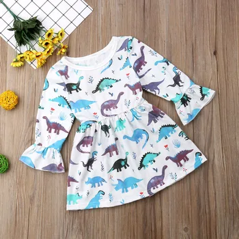 Mielas pyplys vaikas baby girl suknelė ilgomis rankovėmis animacinių filmų dinozaurų spausdinti suknelė atsitiktinis vasaros drabužių