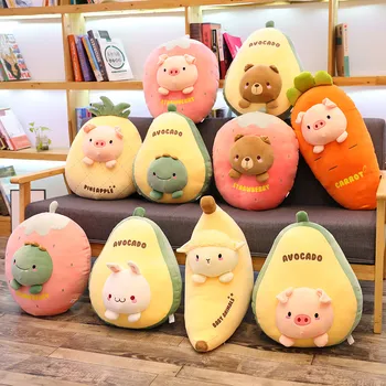 Naujas mielas pliušinis žaislas vaisių pagalvę avokado braškių, ananasų-bananų transformuota gyvūnų serijos pagalvė pagalvėlės, lėlės apdailos gif