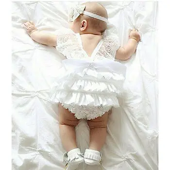 Kūdikiui Baby Girl Drabužiai balta Nėrinių Gėlių rankovių Bodysuit Tortas Sunsuit Komplektus 0-18M
