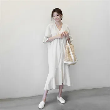 Johnature 2021 Naujas korėjiečių Moterų Rūbų, Medvilnės, Lino V-kaklo Ruffles Suknelės Vasaros vientisa Spalva Vintage Moterų Suknelė