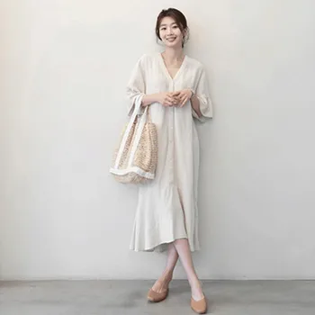 Johnature 2021 Naujas korėjiečių Moterų Rūbų, Medvilnės, Lino V-kaklo Ruffles Suknelės Vasaros vientisa Spalva Vintage Moterų Suknelė