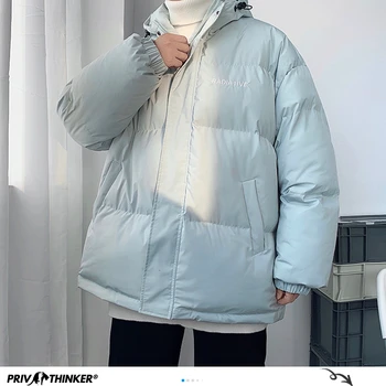 Privathinker Korėjos 2020 M. Žiemos Šiltos Striukės Vyrams Parkas Moterų Negabaritinių Outwear Vientisos Spalvos Su Gobtuvu Tirštėti Parko Paltai
