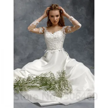 2020 Vestuvių Suknelės Šifono Linijos, O Vien Kaklo, ilgomis Rankovėmis Vestuvinės Suknelės Duobute Diržo Aplikacijos Nėriniai Plius Dydis Drabužius, de mariée