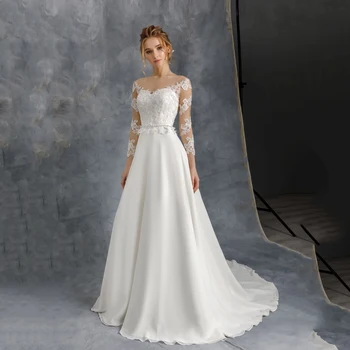 2020 Vestuvių Suknelės Šifono Linijos, O Vien Kaklo, ilgomis Rankovėmis Vestuvinės Suknelės Duobute Diržo Aplikacijos Nėriniai Plius Dydis Drabužius, de mariée