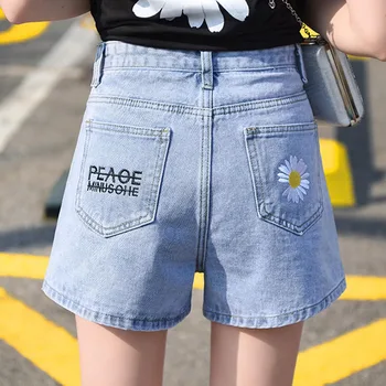 Džinsinio Audinio Stora Bum Šortai Moterims Džinsai Aukšto Juosmens Seksualus Plius Dydis 2020 Metų Vasaros Gėlių Siuvinėjimas Korėjos Streetwear Atsitiktinis Liesas Slim