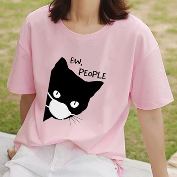 Funny Cat su Kauke Spausdinti Rožinė Moterų marškinėliai Derliaus Moterų Marškinėlius Kawaii Raidžių Famale T-Shirt Estetinės Derliaus Femme Tees